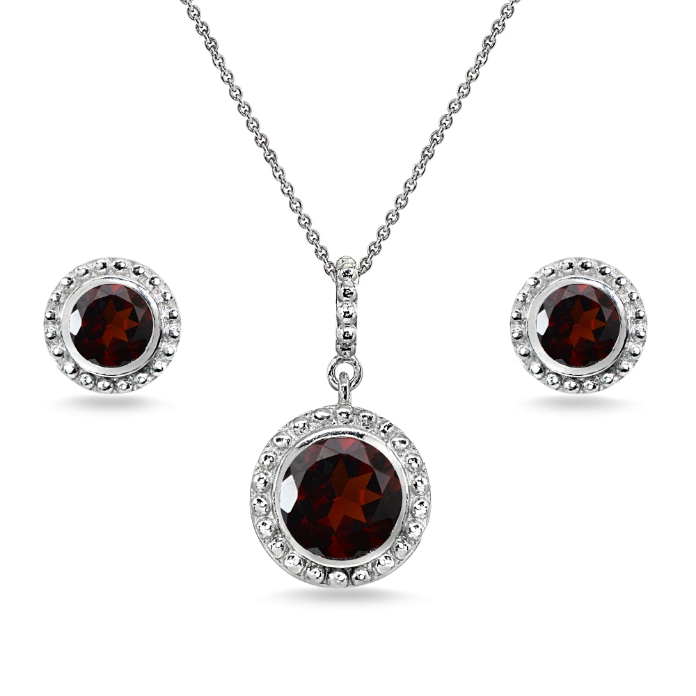 Sterling Silver Garnet Round-Cut Bead Halo Bezel-Set Pendant Necklace & Stud Earrings Set