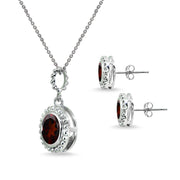 Sterling Silver Garnet Round-Cut Bead Halo Bezel-Set Pendant Necklace & Stud Earrings Set