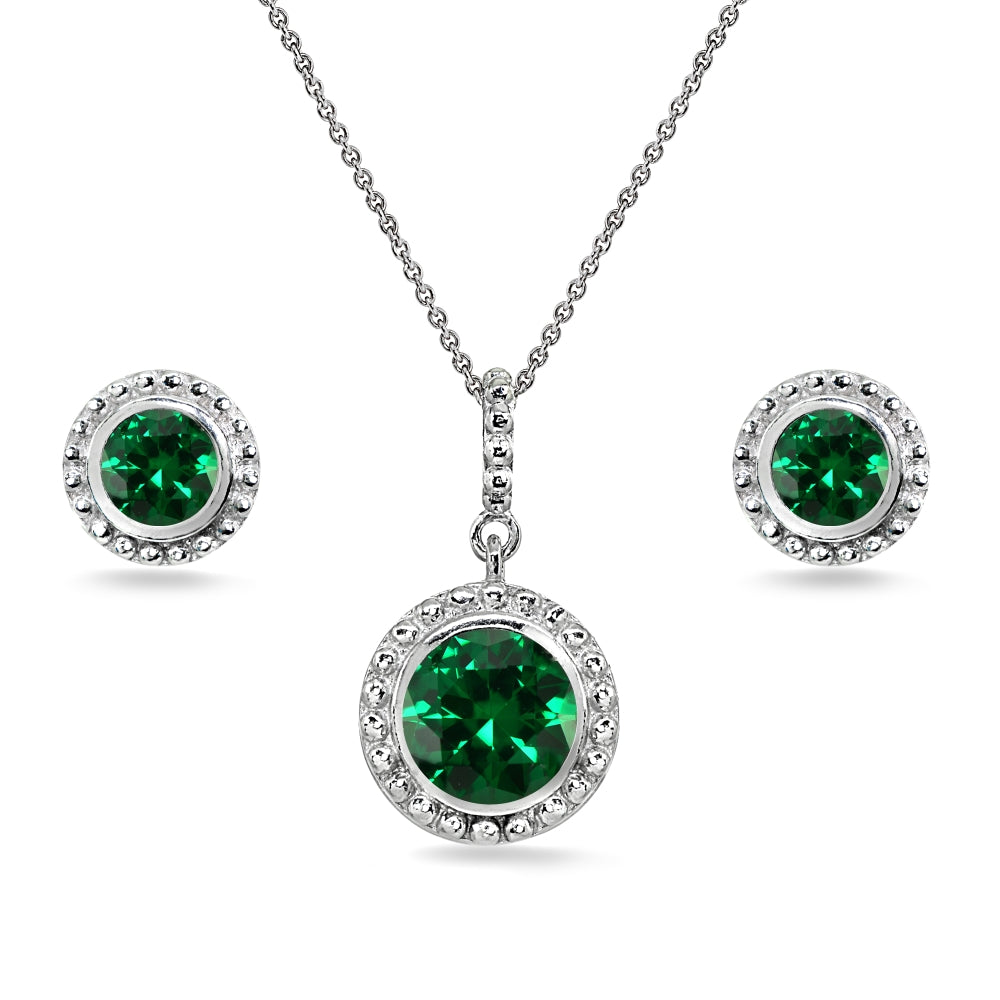 Sterling Silver Simulated Emerald Round-Cut Bead Halo Bezel-Set Pendant Necklace & Stud Earrings Set