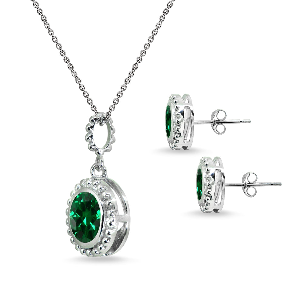Sterling Silver Simulated Emerald Round-Cut Bead Halo Bezel-Set Pendant Necklace & Stud Earrings Set-2