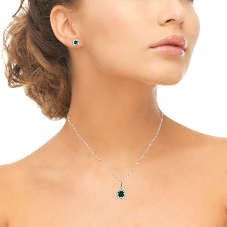 Sterling Silver Simulated Emerald Round-Cut Bead Halo Bezel-Set Pendant Necklace & Stud Earrings Set