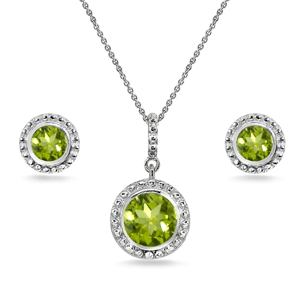 Sterling Silver Peridot Round-Cut Bead Halo Bezel-Set Pendant Necklace & Stud Earrings Set