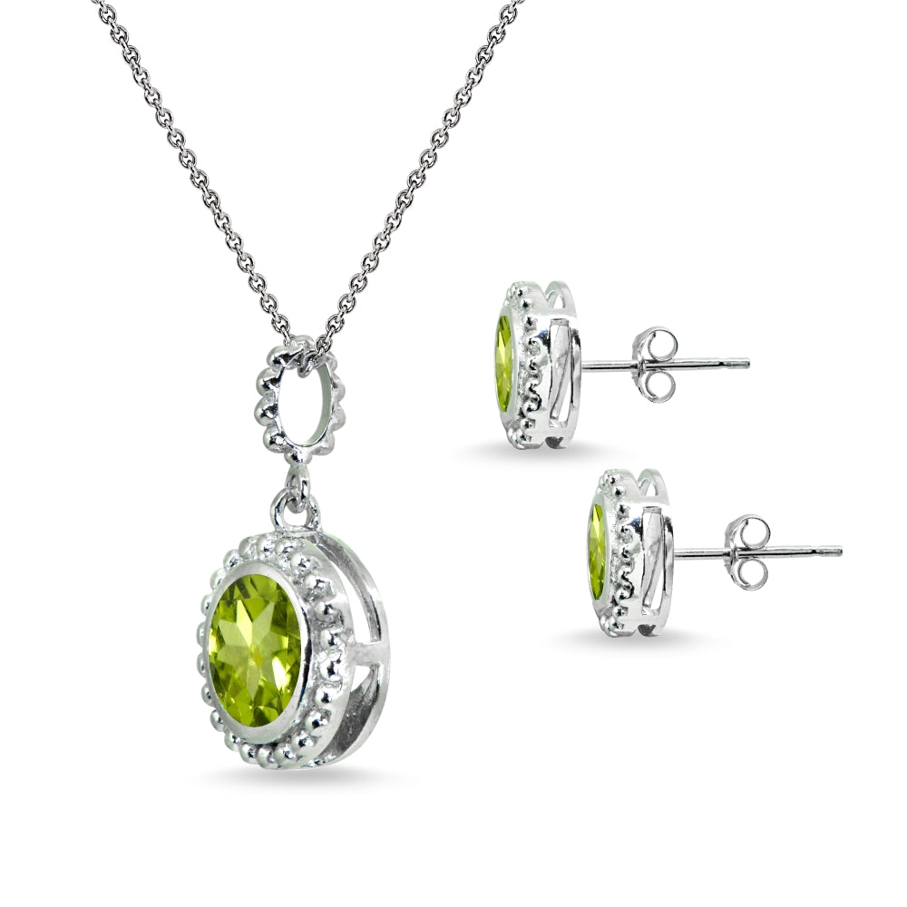 Sterling Silver Peridot Round-Cut Bead Halo Bezel-Set Pendant Necklace & Stud Earrings Set-2