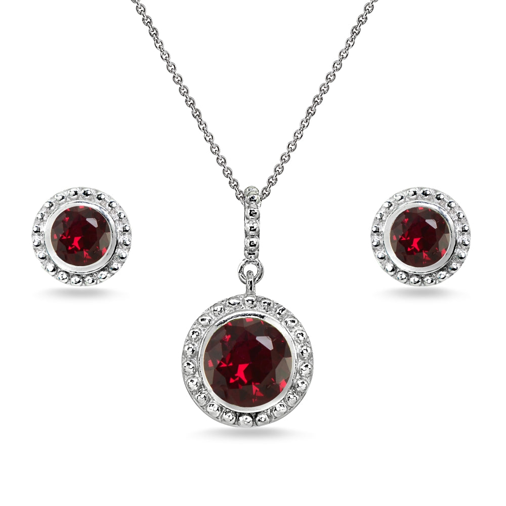 Sterling Silver Created Ruby Round-Cut Bead Halo Bezel-Set Pendant Necklace & Stud Earrings Set
