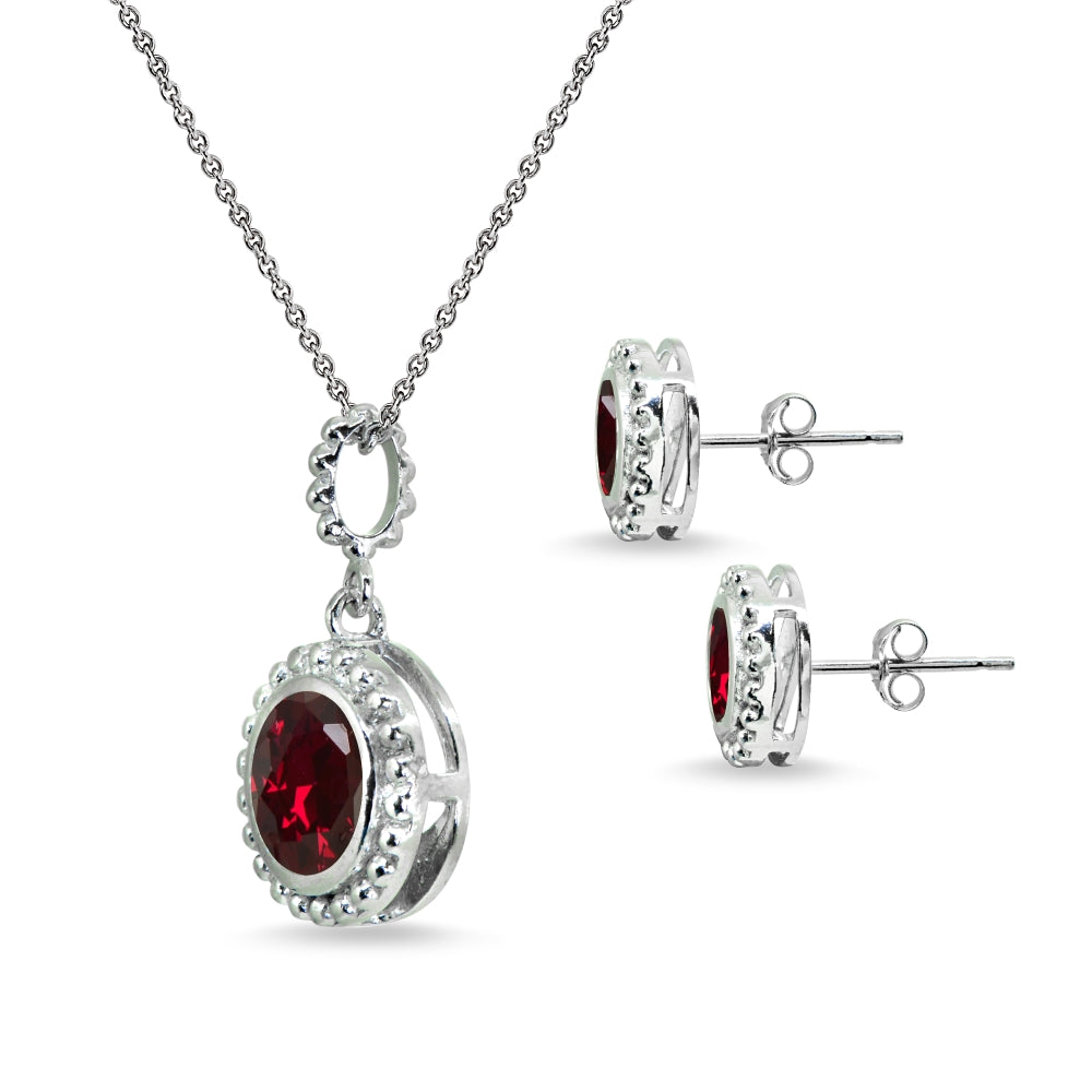 Sterling Silver Created Ruby Round-Cut Bead Halo Bezel-Set Pendant Necklace & Stud Earrings Set-2