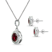 Sterling Silver Created Ruby Round-Cut Bead Halo Bezel-Set Pendant Necklace & Stud Earrings Set