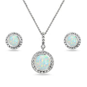 Sterling Silver Created White Opal Round-Cut Bead Halo Bezel-Set Pendant Necklace & Stud Earrings Set