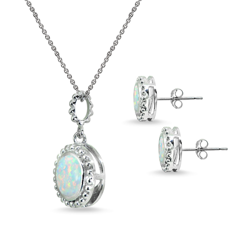 Sterling Silver Created White Opal Round-Cut Bead Halo Bezel-Set Pendant Necklace & Stud Earrings Set-2
