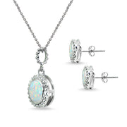 Sterling Silver Created White Opal Round-Cut Bead Halo Bezel-Set Pendant Necklace & Stud Earrings Set