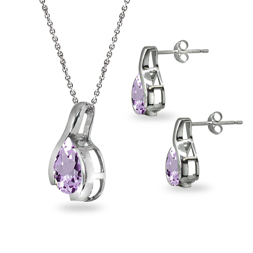 Sterling Silver Amethyst Pear-Cut Solitaire Teardrop Design Pendant Necklace & Stud Earrings Set-2