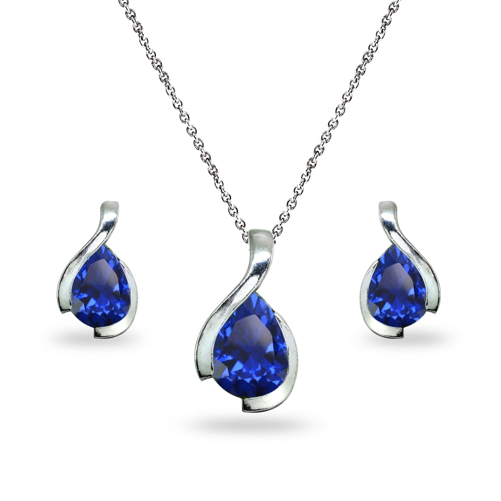 Sterling Silver Created Blue Sapphire Pear-Cut Solitaire Teardrop Design Pendant Necklace & Stud Earrings Set