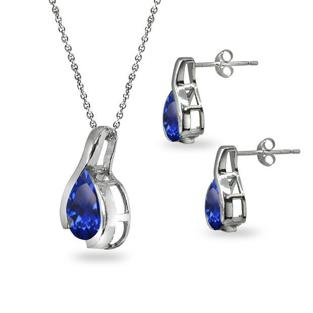 Sterling Silver Created Blue Sapphire Pear-Cut Solitaire Teardrop Design Pendant Necklace & Stud Earrings Set