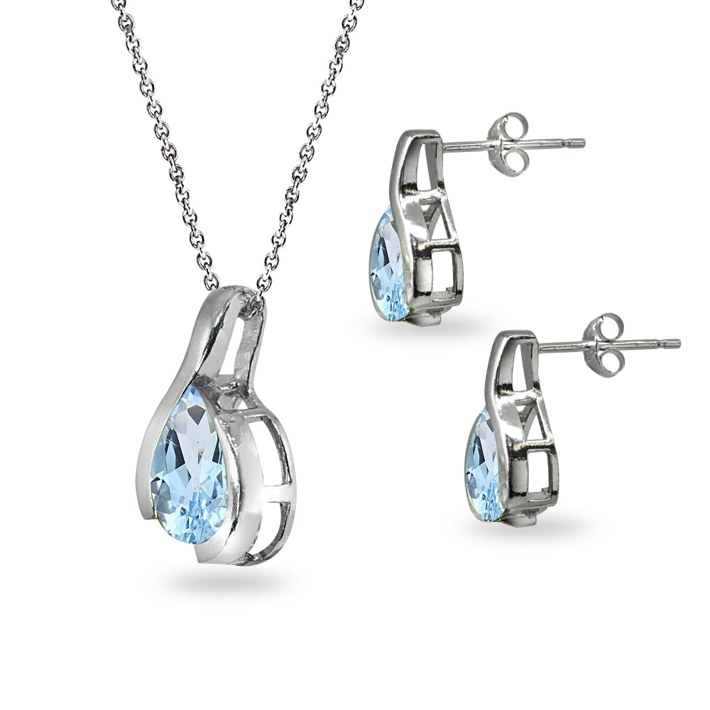 Sterling Silver Blue Topaz Pear-Cut Solitaire Teardrop Design Pendant Necklace & Stud Earrings Set-2