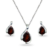 Sterling Silver Garnet Pear-Cut Solitaire Teardrop Design Pendant Necklace & Stud Earrings Set