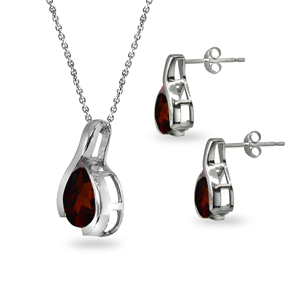 Sterling Silver Garnet Pear-Cut Solitaire Teardrop Design Pendant Necklace & Stud Earrings Set-2
