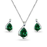Sterling Silver Simulated Emerald Pear-Cut Solitaire Teardrop Design Pendant Necklace & Stud Earrings Set
