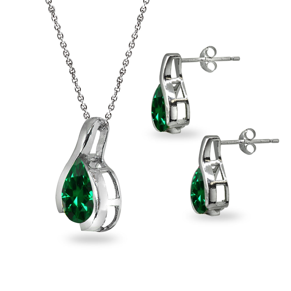 Sterling Silver Simulated Emerald Pear-Cut Solitaire Teardrop Design Pendant Necklace & Stud Earrings Set-2
