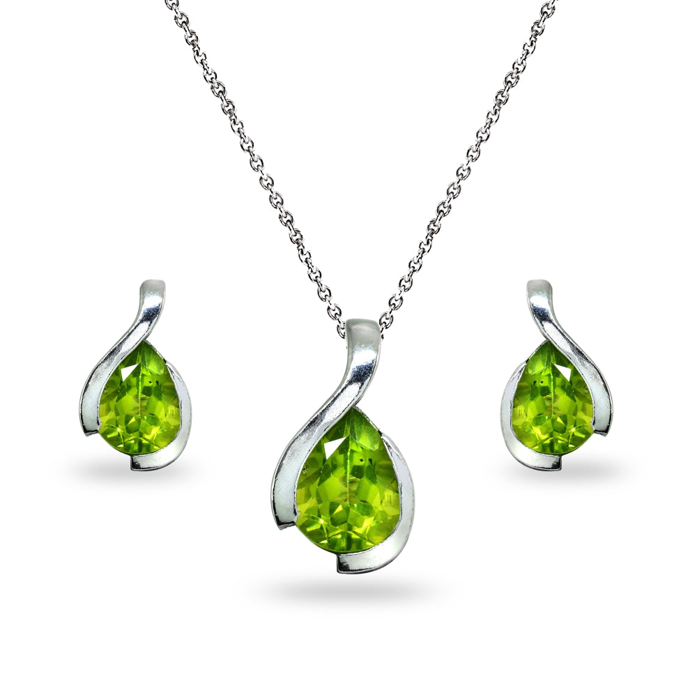 Sterling Silver Peridot Pear-Cut Solitaire Teardrop Design Pendant Necklace & Stud Earrings Set