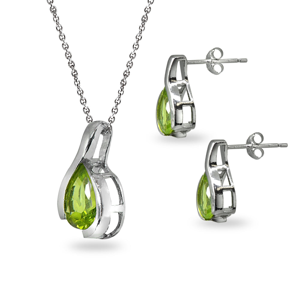 Sterling Silver Peridot Pear-Cut Solitaire Teardrop Design Pendant Necklace & Stud Earrings Set-2