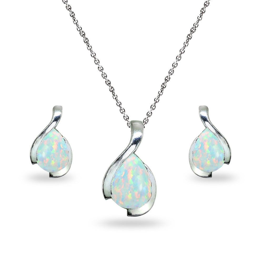 Sterling Silver Created White Opal Pear-Cut Solitaire Teardrop Design Pendant Necklace & Stud Earrings Set
