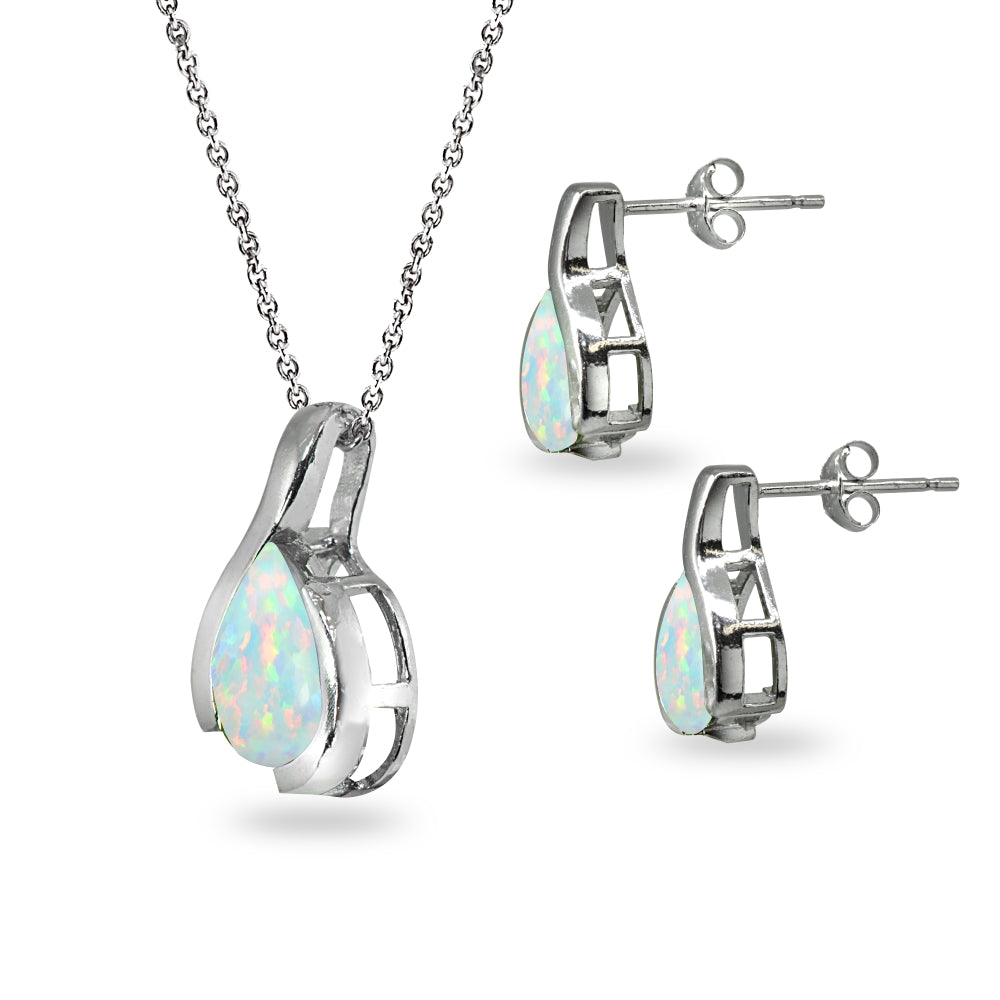 Sterling Silver Created White Opal Pear-Cut Solitaire Teardrop Design Pendant Necklace & Stud Earrings Set-2