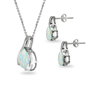 Sterling Silver Created White Opal Pear-Cut Solitaire Teardrop Design Pendant Necklace & Stud Earrings Set