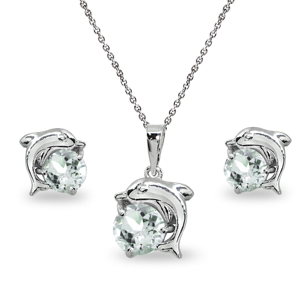Sterling Silver Light Aquamarine Round-Cut Dolphin Animal Dainty Pendant Necklace & Stud Earrings Set