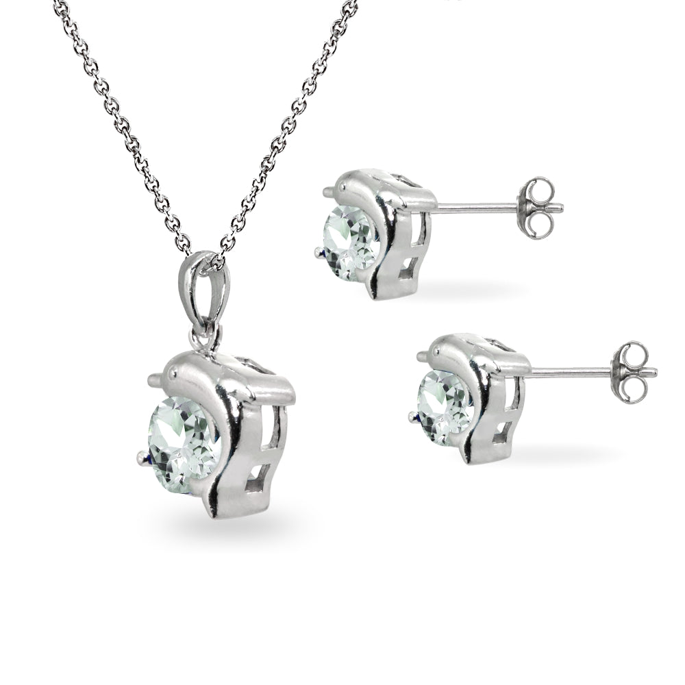Sterling Silver Light Aquamarine Round-Cut Dolphin Animal Dainty Pendant Necklace & Stud Earrings Set-2