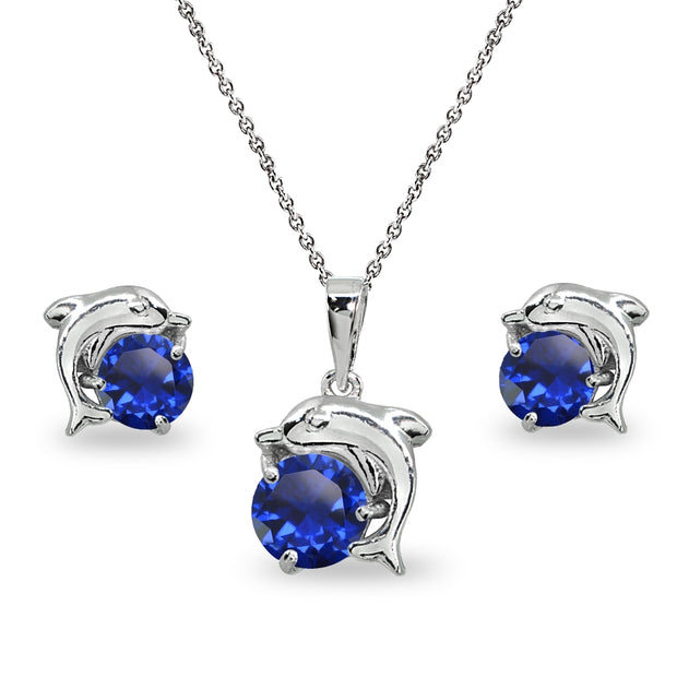 Sterling Silver Created Blue Sapphire Round-Cut Dolphin Animal Dainty Pendant Necklace & Stud Earrings Set