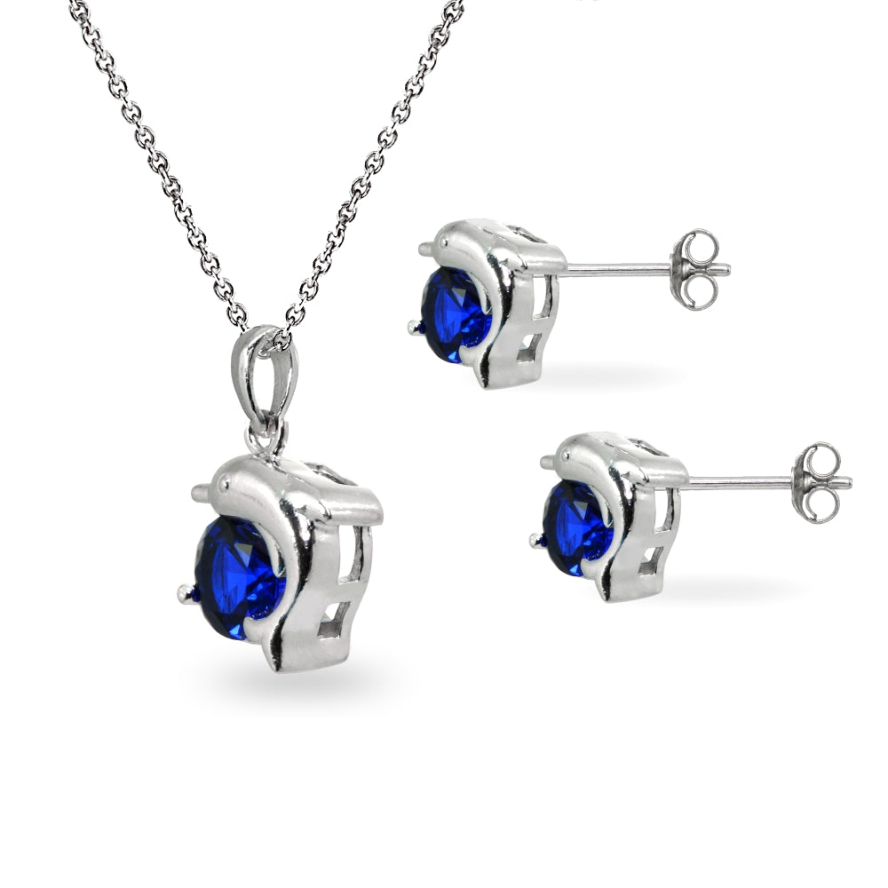 Sterling Silver Created Blue Sapphire Round-Cut Dolphin Animal Dainty Pendant Necklace & Stud Earrings Set-2