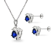 Sterling Silver Created Blue Sapphire Round-Cut Dolphin Animal Dainty Pendant Necklace & Stud Earrings Set