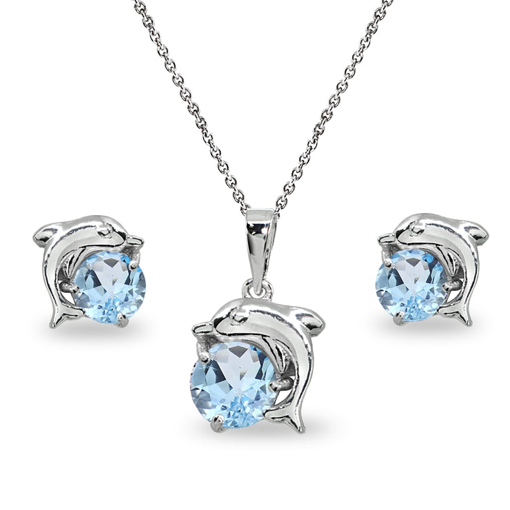 Sterling Silver Blue Topaz Round-Cut Dolphin Animal Dainty Pendant Necklace & Stud Earrings Set