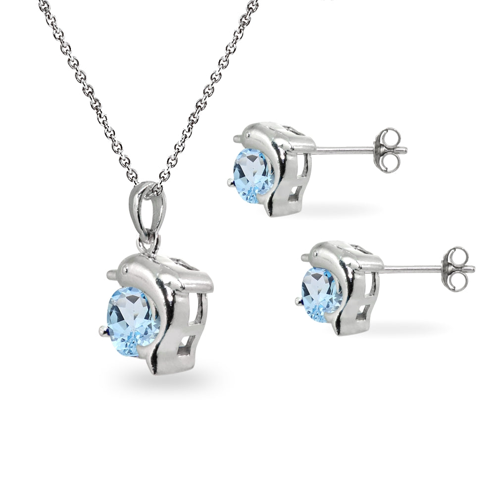 Sterling Silver Blue Topaz Round-Cut Dolphin Animal Dainty Pendant Necklace & Stud Earrings Set-2
