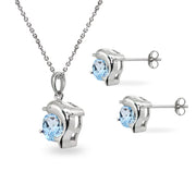 Sterling Silver Blue Topaz Round-Cut Dolphin Animal Dainty Pendant Necklace & Stud Earrings Set