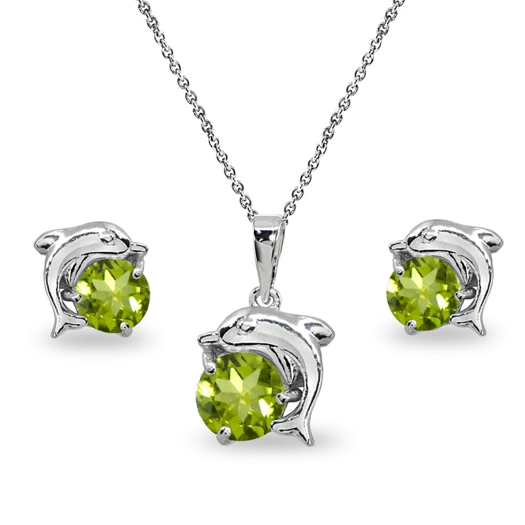 Sterling Silver Peridot Round-Cut Dolphin Animal Dainty Pendant Necklace & Stud Earrings Set
