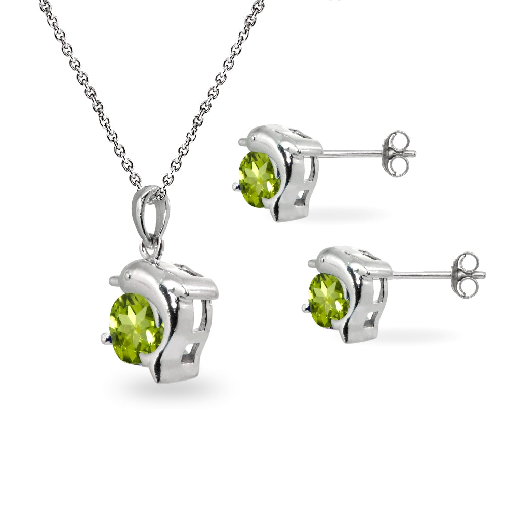 Sterling Silver Peridot Round-Cut Dolphin Animal Dainty Pendant Necklace & Stud Earrings Set-2
