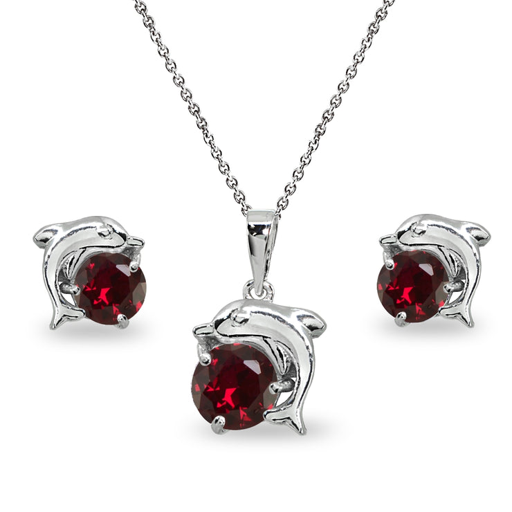 Sterling Silver Created Ruby Round-Cut Dolphin Animal Dainty Pendant Necklace & Stud Earrings Set