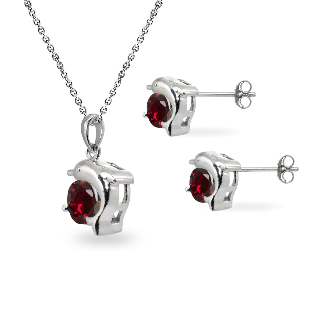 Sterling Silver Created Ruby Round-Cut Dolphin Animal Dainty Pendant Necklace & Stud Earrings Set-2