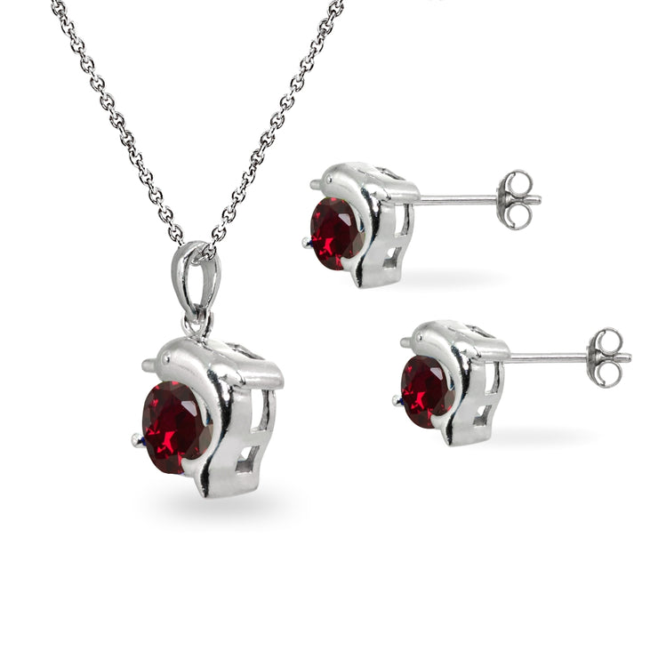 Sterling Silver Created Ruby Round-Cut Dolphin Animal Dainty Pendant Necklace & Stud Earrings Set