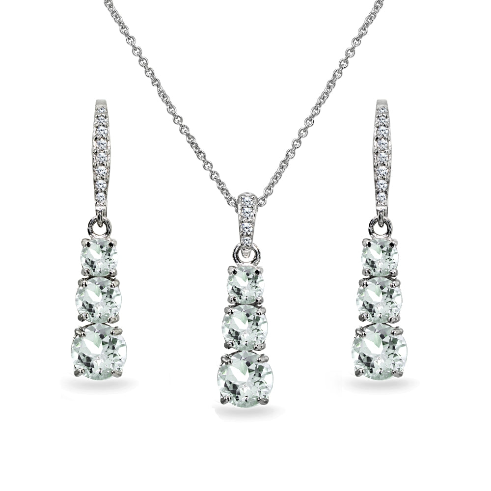 Sterling Silver Light Aquamarine 3-Stone Journey Pendant Necklace & Dangle Leverback Earrings Set