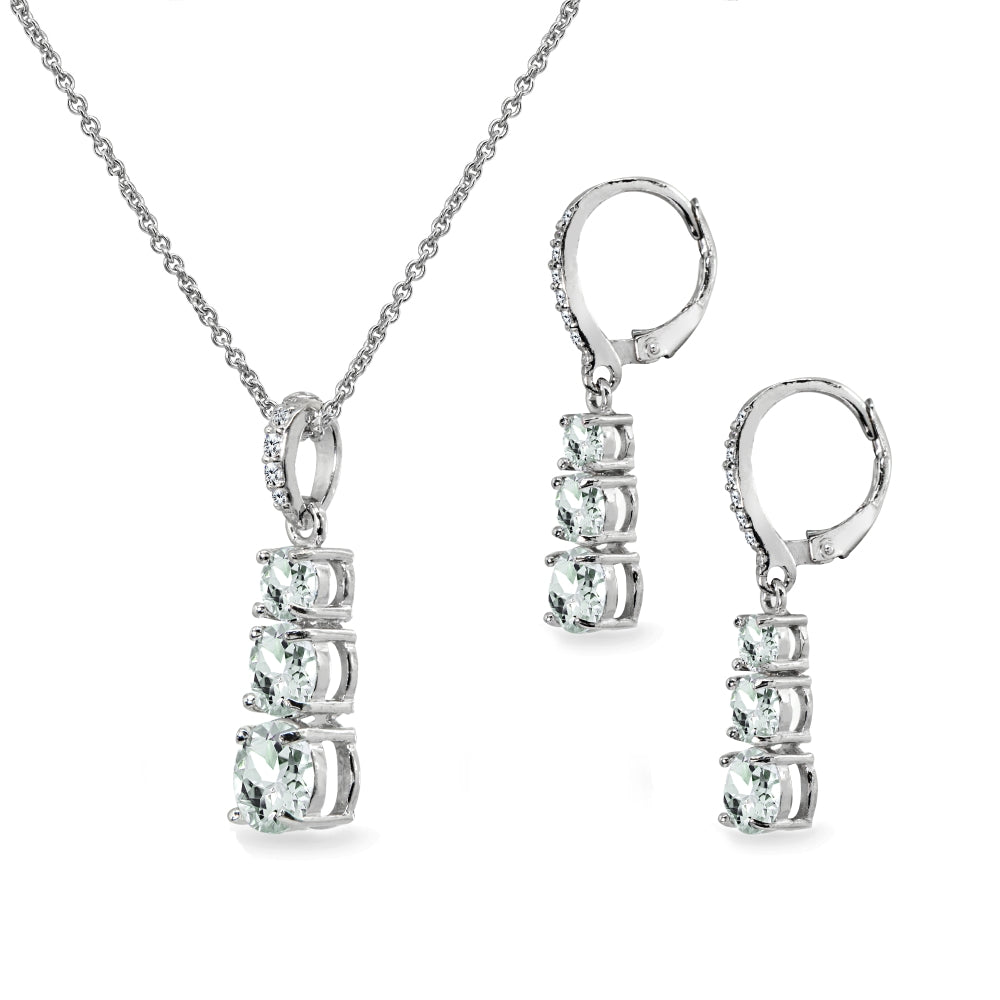 Sterling Silver Light Aquamarine 3-Stone Journey Pendant Necklace & Dangle Leverback Earrings Set-2