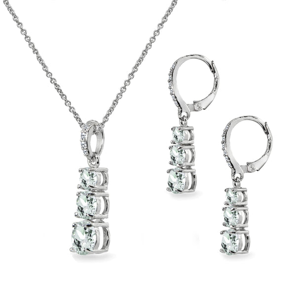 Sterling Silver Light Aquamarine 3-Stone Journey Pendant Necklace & Dangle Leverback Earrings Set