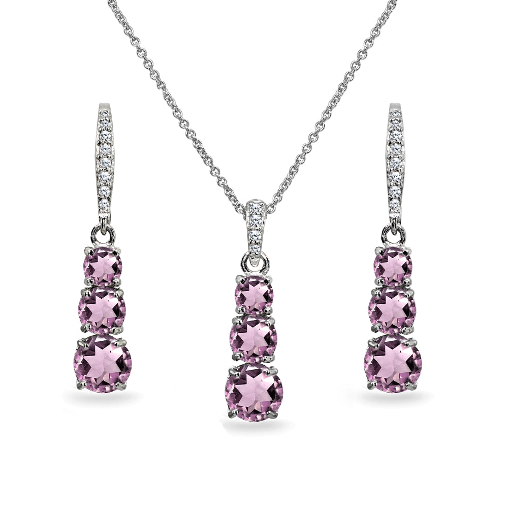 Sterling Silver Created Alexandrite 3-Stone Journey Pendant Necklace & Dangle Leverback Earrings Set