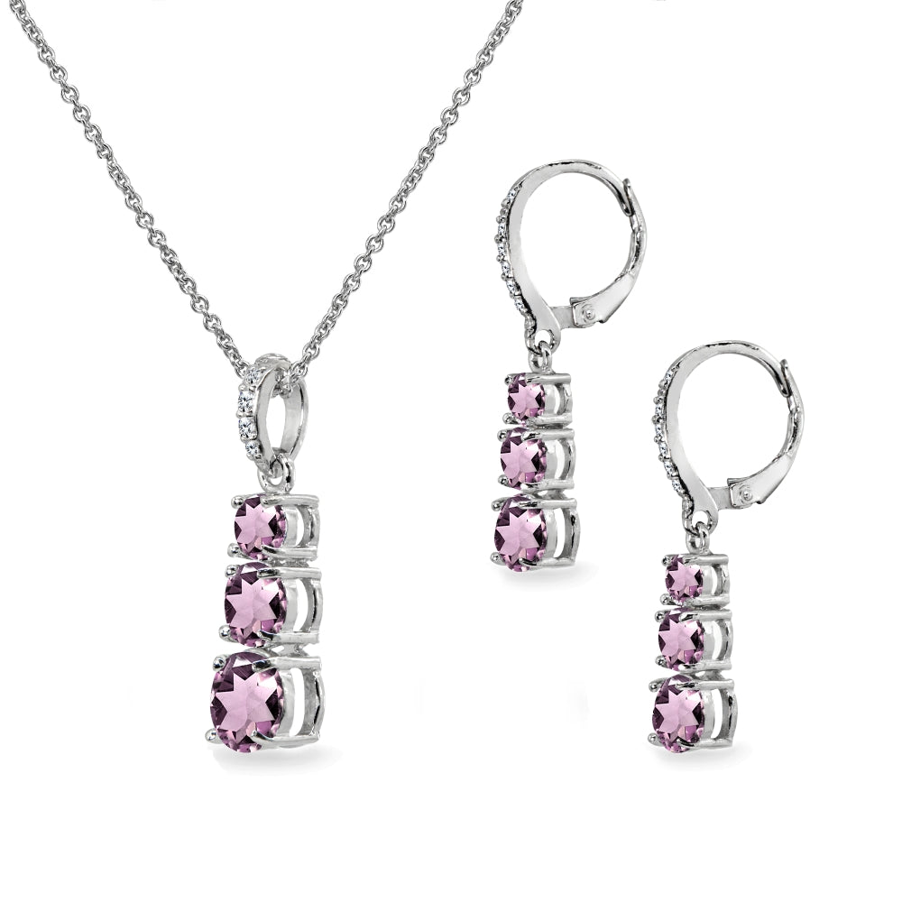 Sterling Silver Created Alexandrite 3-Stone Journey Pendant Necklace & Dangle Leverback Earrings Set-2