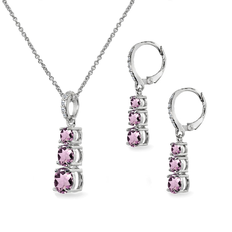 Sterling Silver Created Alexandrite 3-Stone Journey Pendant Necklace & Dangle Leverback Earrings Set