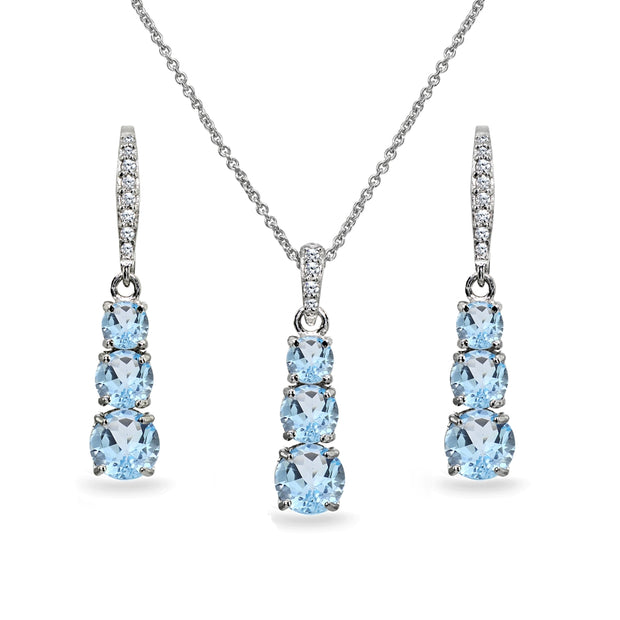 Sterling Silver Blue Topaz 3-Stone Journey Pendant Necklace & Dangle Leverback Earrings Set