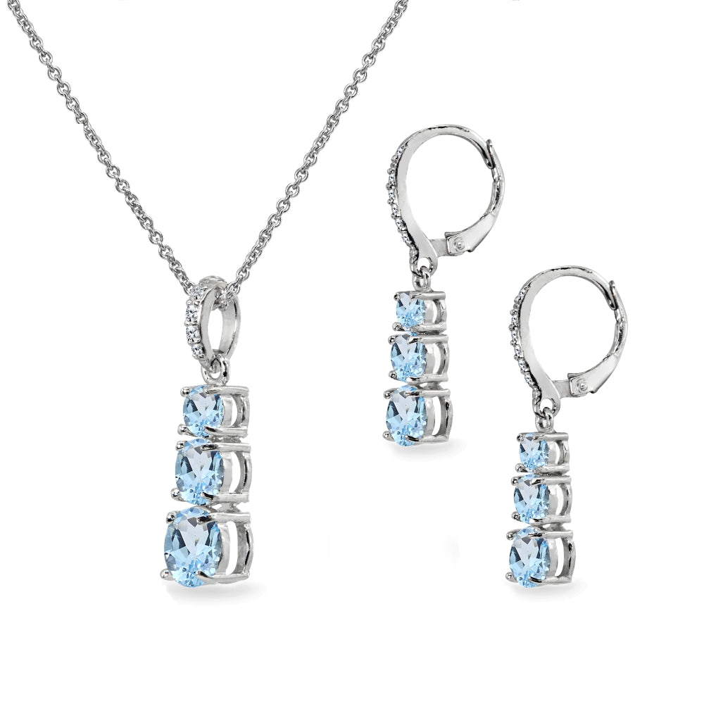 Sterling Silver Blue Topaz 3-Stone Journey Pendant Necklace & Dangle Leverback Earrings Set-2