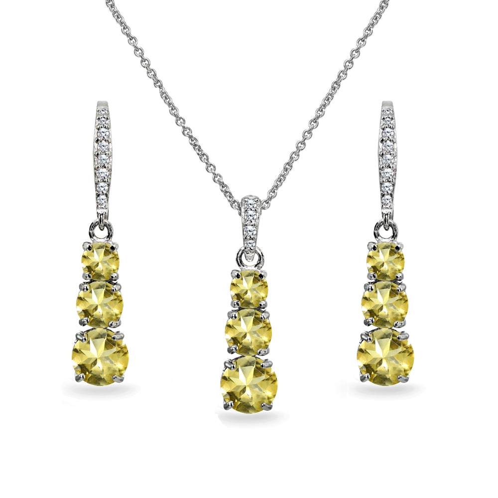 Sterling Silver Citrine 3-Stone Journey Pendant Necklace & Dangle Leverback Earrings Set