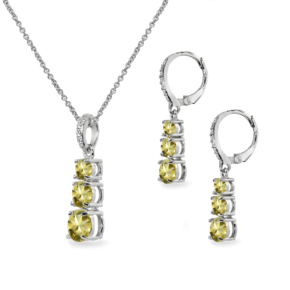 Sterling Silver Citrine 3-Stone Journey Pendant Necklace & Dangle Leverback Earrings Set-2