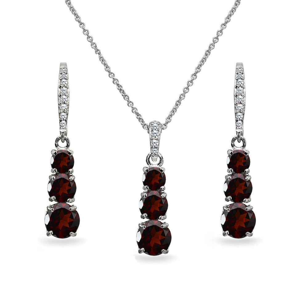 Sterling Silver Garnet 3-Stone Journey Pendant Necklace & Dangle Leverback Earrings Set